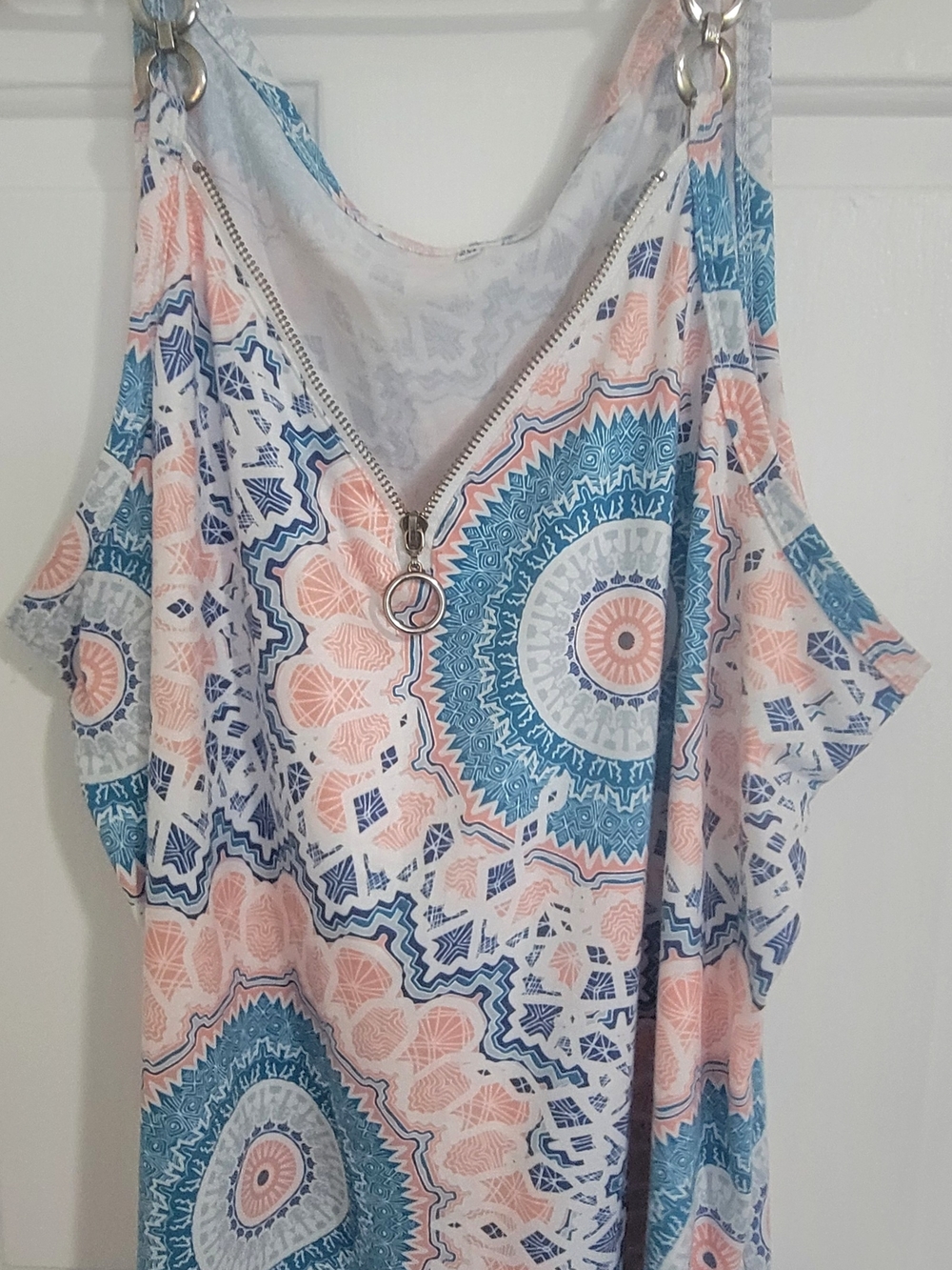 Women’s Patterned Cold-Shoulder Tank Top with Zip Detail - Blue & Pink